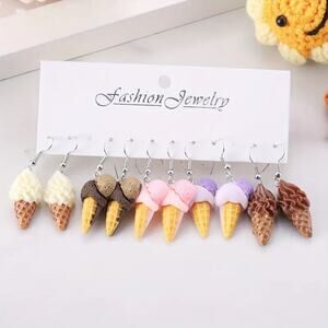 Ice Cream Cone Earrings Set – 6 Pairs Cute Kawaii Dangle Jewelry
